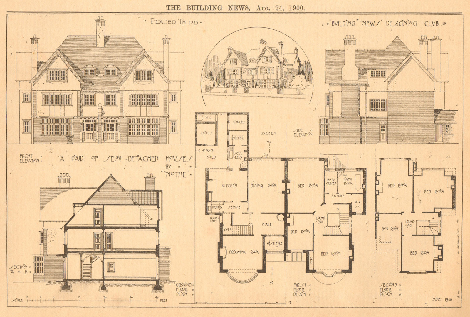 A pair of semi-detached house by Nothe. Floor plans 1900 old antique print